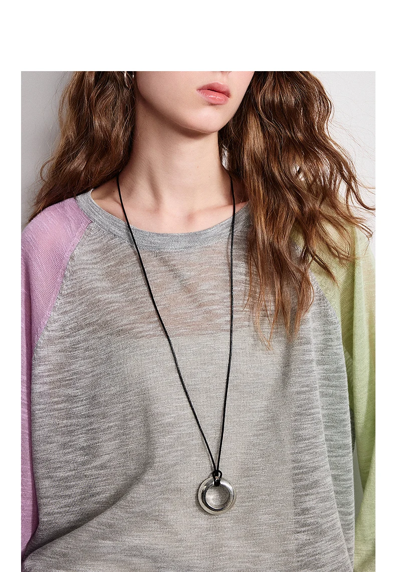 TOYOUTH Women Airy Slub Linen Knit Top 2026 Spring New Crew Neck Loose Asymmetric Color-Block Blouse