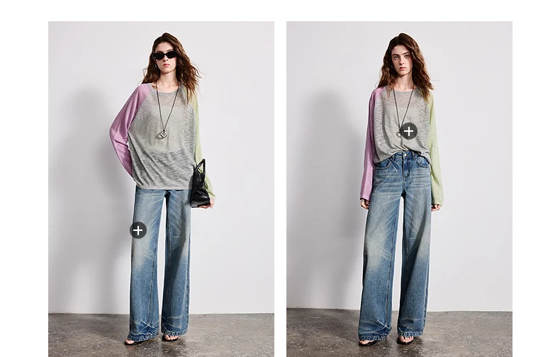 TOYOUTH Women Airy Slub Linen Knit Top 2026 Spring New Crew Neck Loose Asymmetric Color-Block Blouse