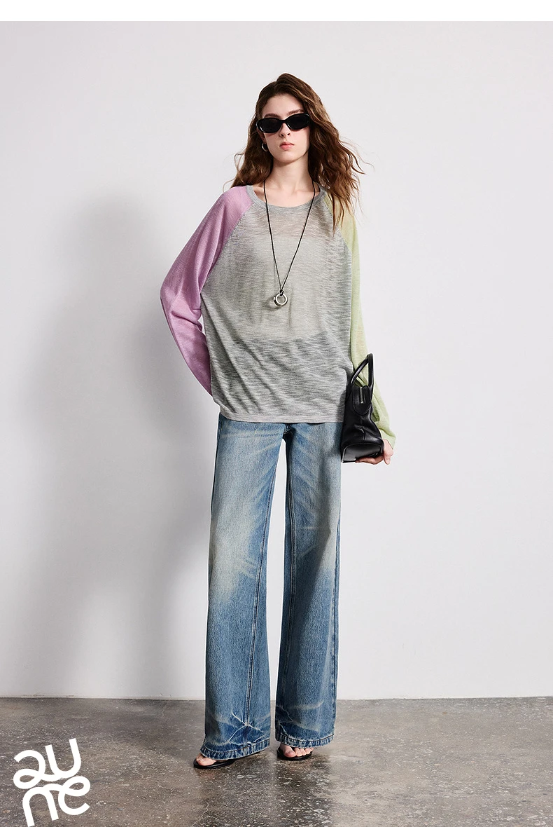 TOYOUTH Women Airy Slub Linen Knit Top 2026 Spring New Crew Neck Loose Asymmetric Color-Block Blouse