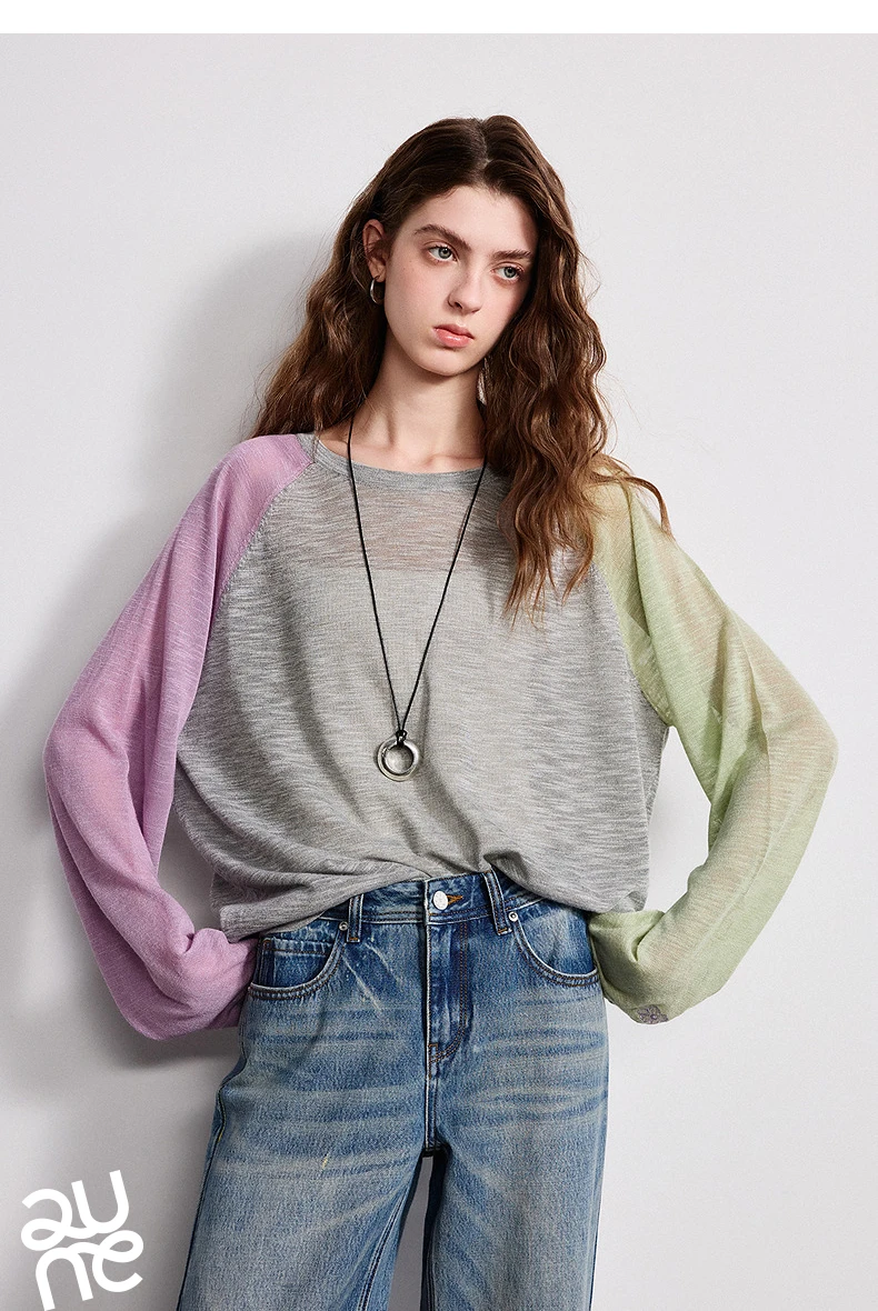 TOYOUTH Women Airy Slub Linen Knit Top 2026 Spring New Crew Neck Loose Asymmetric Color-Block Blouse