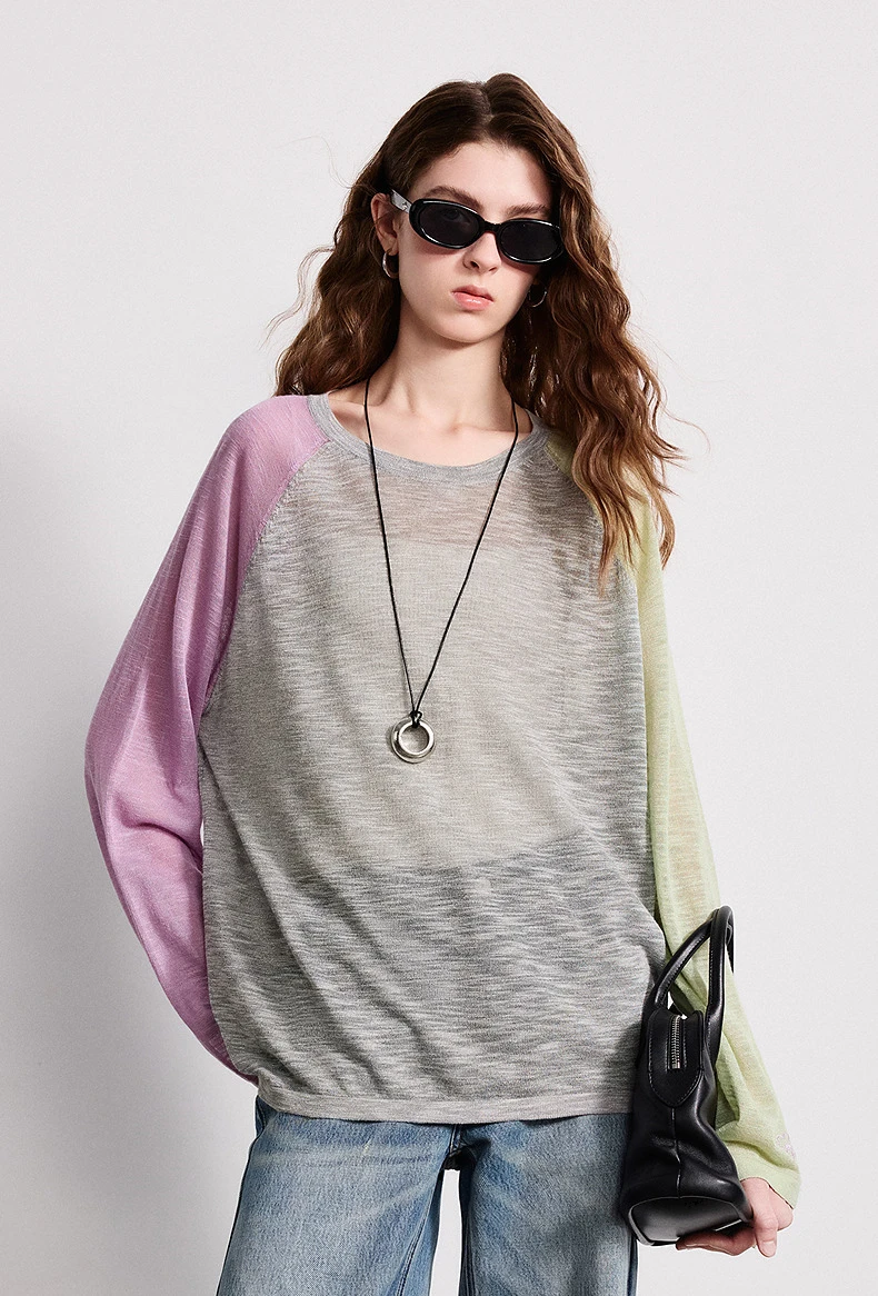 TOYOUTH Women Airy Slub Linen Knit Top 2026 Spring New Crew Neck Loose Asymmetric Color-Block Blouse