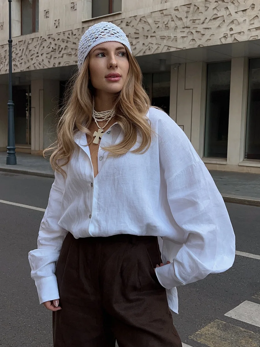 Bornladies 100% Cotton Spring Summer Versatile Lazy Casual Shirt Women's Fashionable Solid Color Loose Shirt Cardigan Shirt