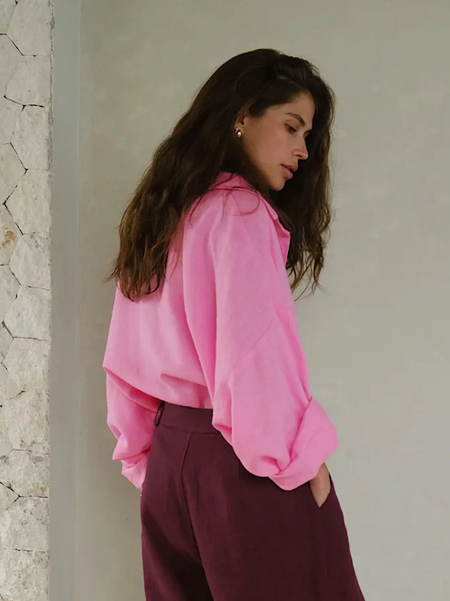 Bornladies 100% Cotton Spring Summer Versatile Lazy Casual Shirt Women's Fashionable Solid Color Loose Shirt Cardigan Shirt
