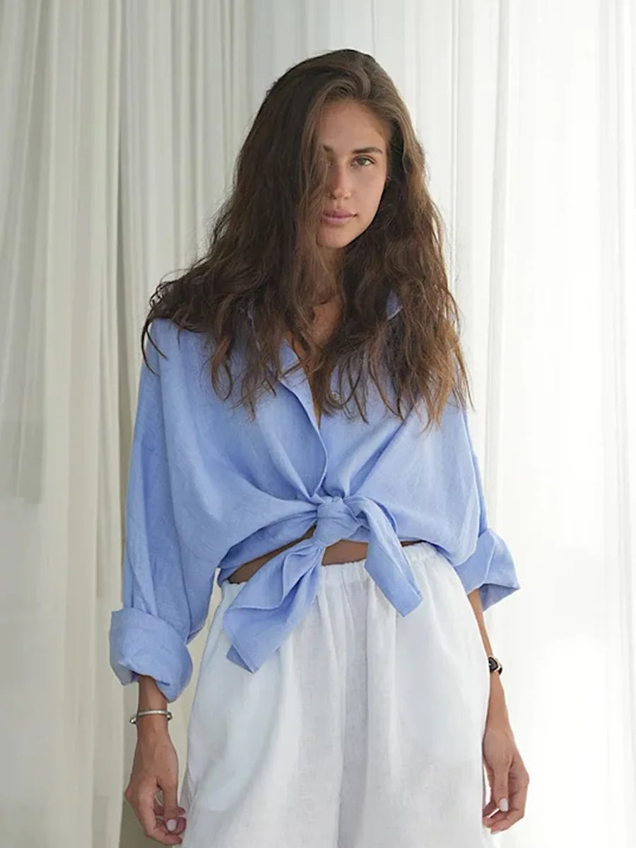 Bornladies 100% Cotton Spring Summer Versatile Lazy Casual Shirt Women's Fashionable Solid Color Loose Shirt Cardigan Shirt