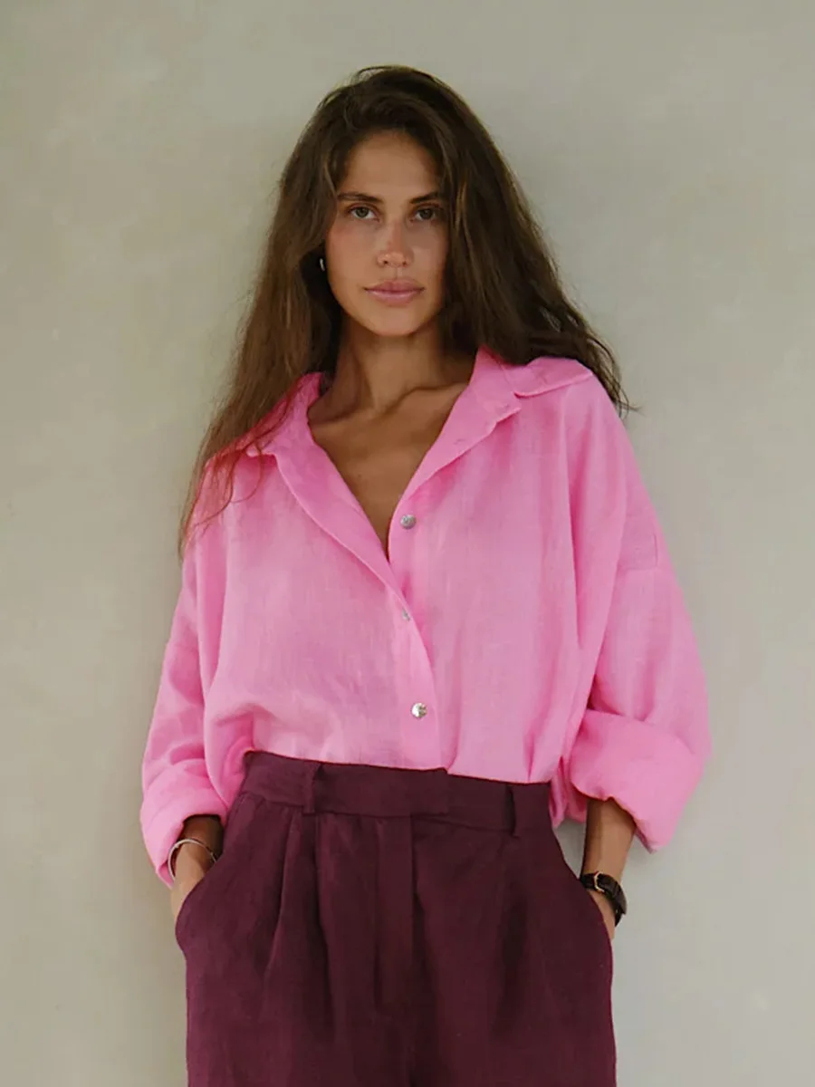 Bornladies 100% Cotton Spring Summer Versatile Lazy Casual Shirt Women's Fashionable Solid Color Loose Shirt Cardigan Shirt