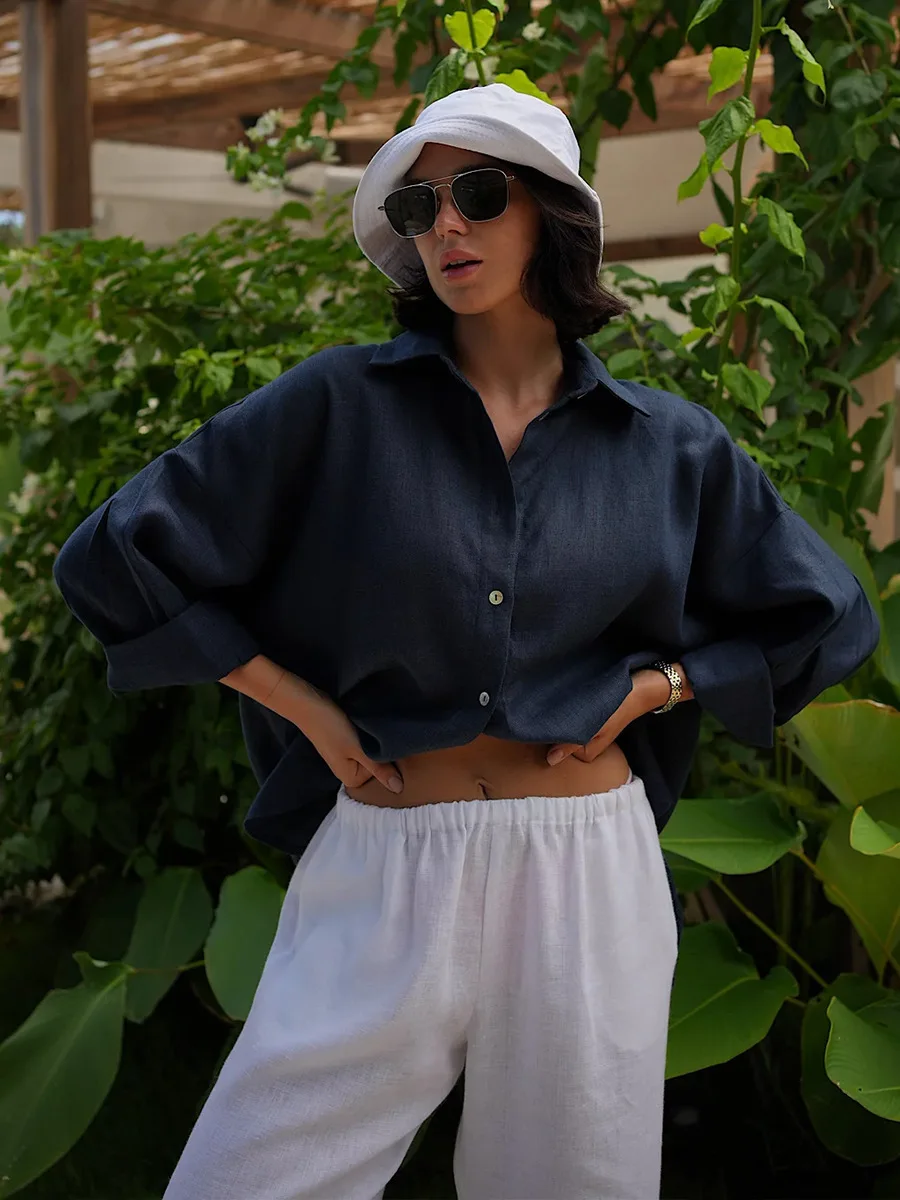 Bornladies 100% Cotton Spring Summer Versatile Lazy Casual Shirt Women's Fashionable Solid Color Loose Shirt Cardigan Shirt