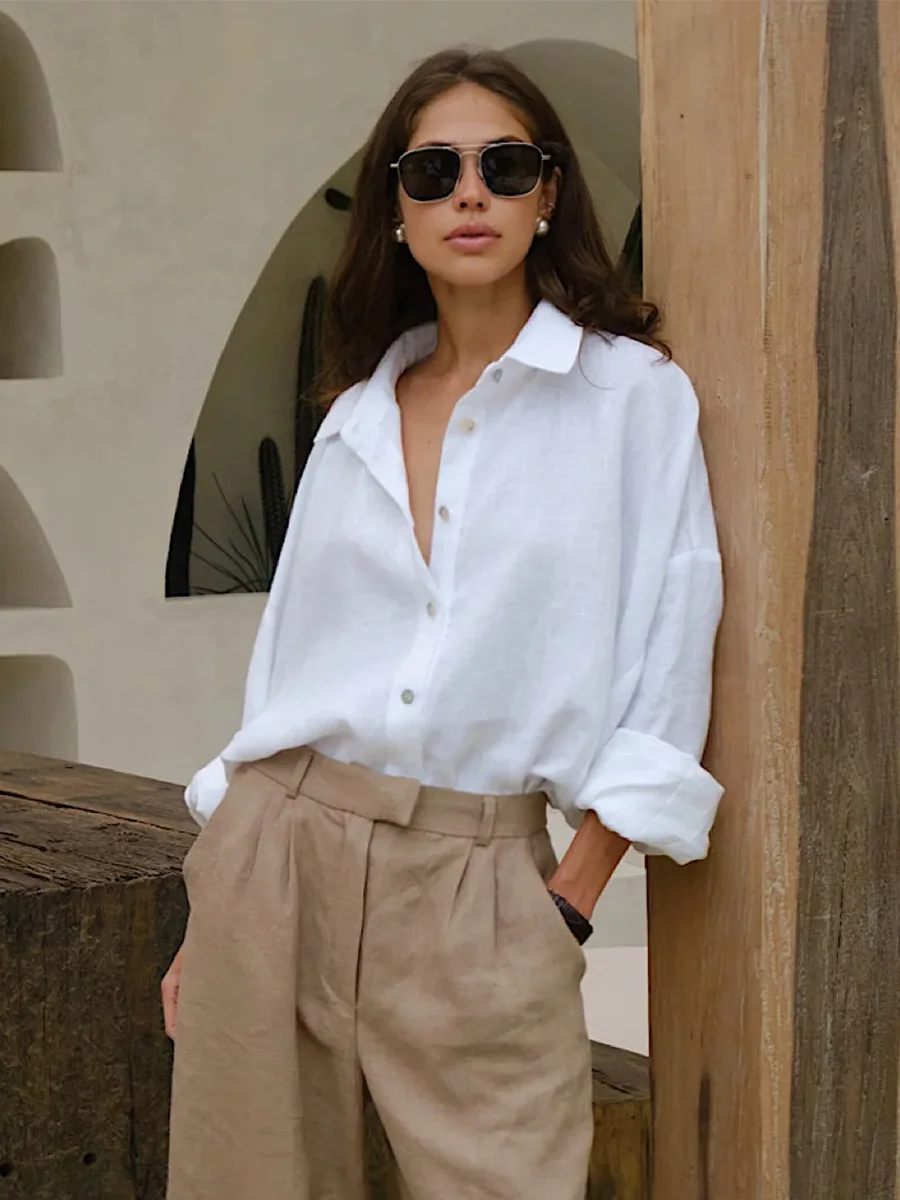 Bornladies 100% Cotton Spring Summer Versatile Lazy Casual Shirt Women's Fashionable Solid Color Loose Shirt Cardigan Shirt
