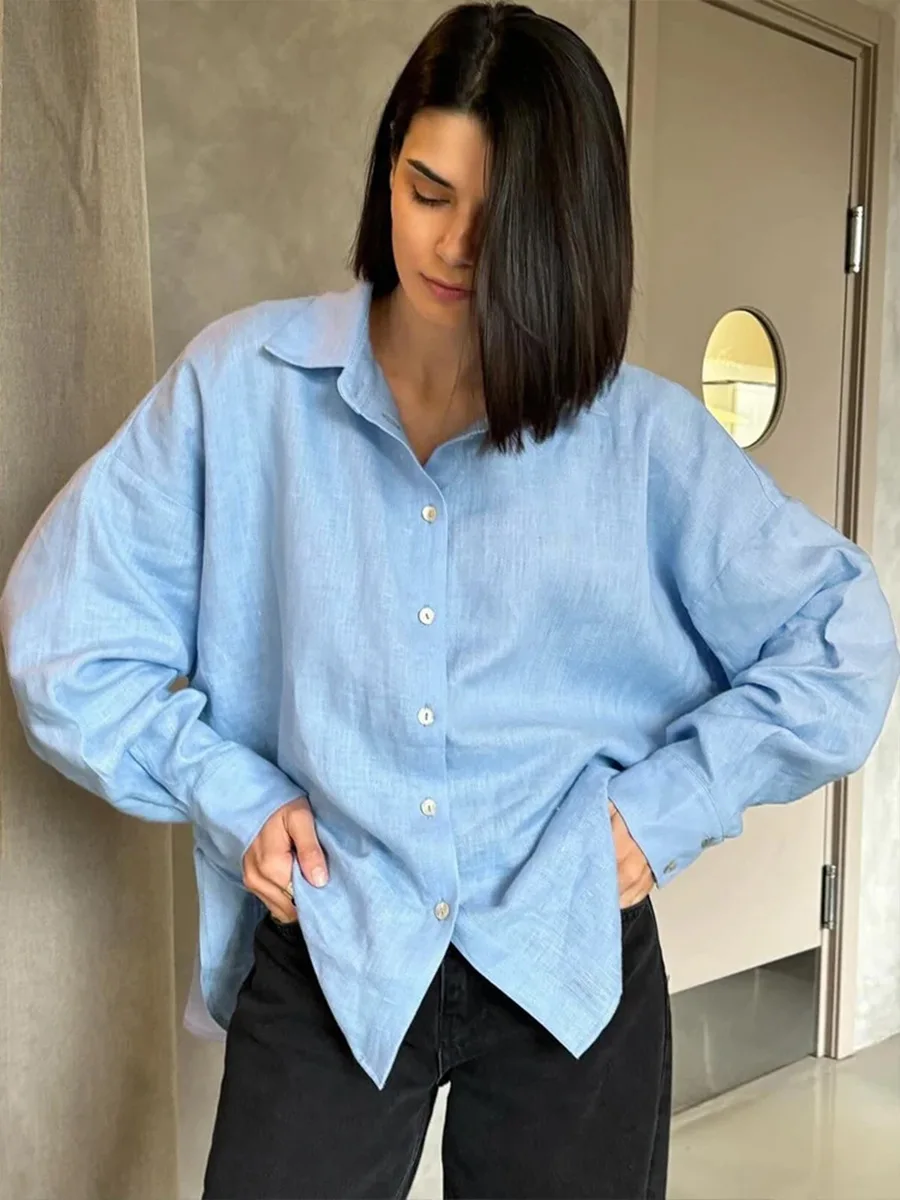 Bornladies 100% Cotton Spring Summer Versatile Lazy Casual Shirt Women's Fashionable Solid Color Loose Shirt Cardigan Shirt