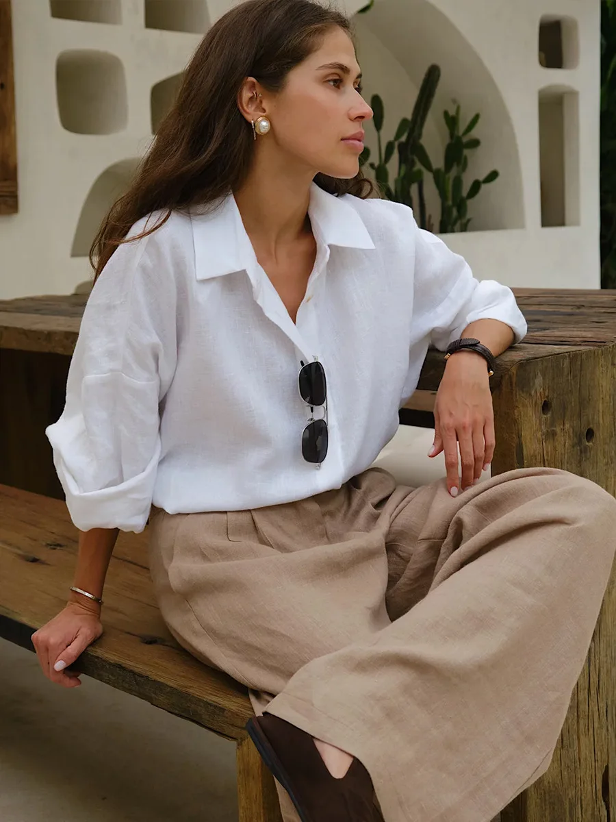 Bornladies 100% Cotton Spring Summer Versatile Lazy Casual Shirt Women's Fashionable Solid Color Loose Shirt Cardigan Shirt