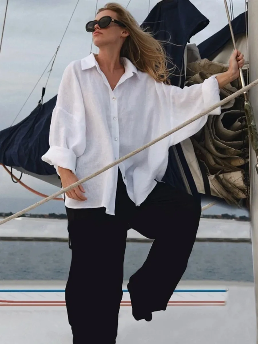 Bornladies 100% Cotton Spring Summer Versatile Lazy Casual Shirt Women's Fashionable Solid Color Loose Shirt Cardigan Shirt