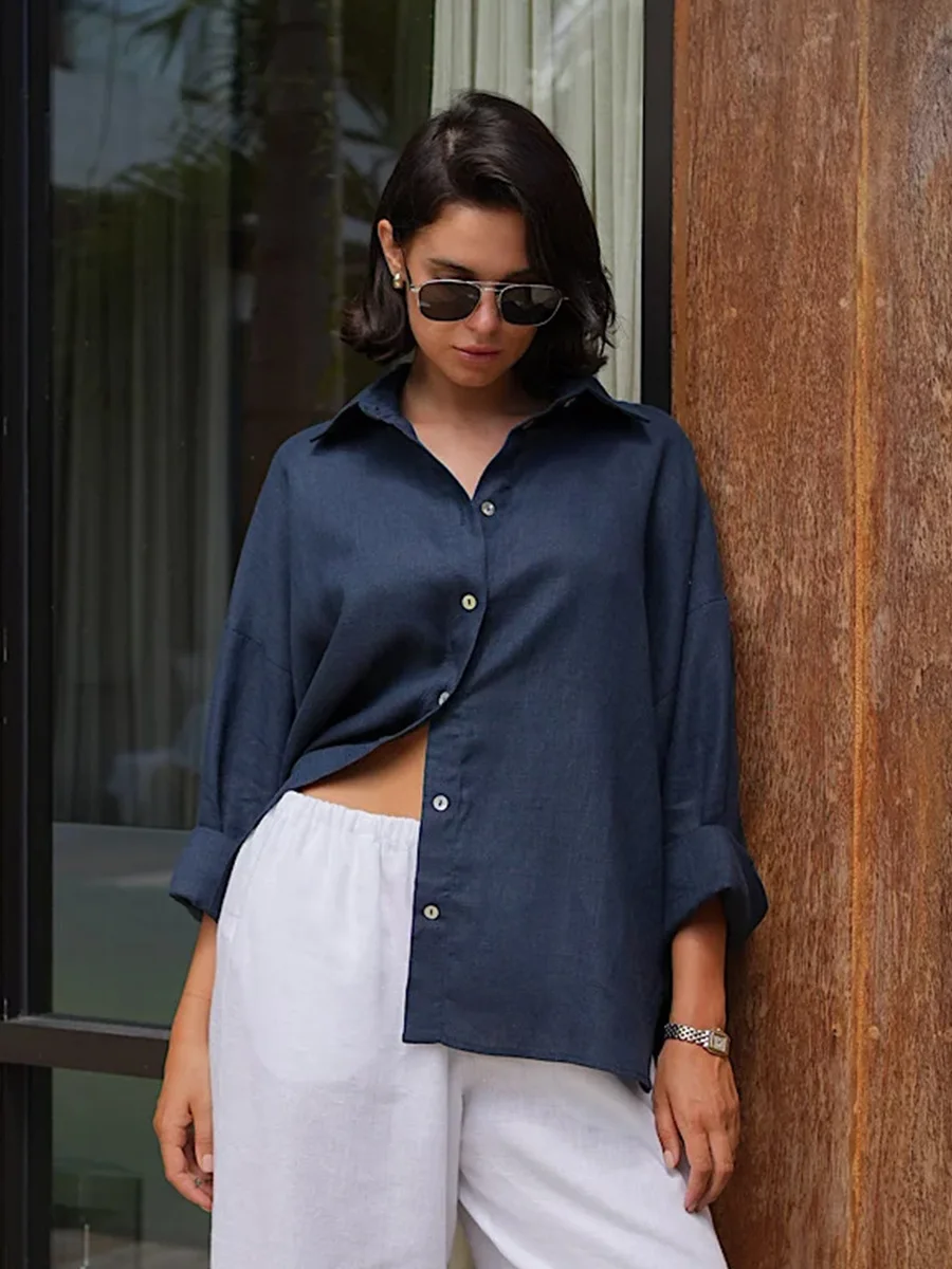 Bornladies 100% Cotton Spring Summer Versatile Lazy Casual Shirt Women's Fashionable Solid Color Loose Shirt Cardigan Shirt