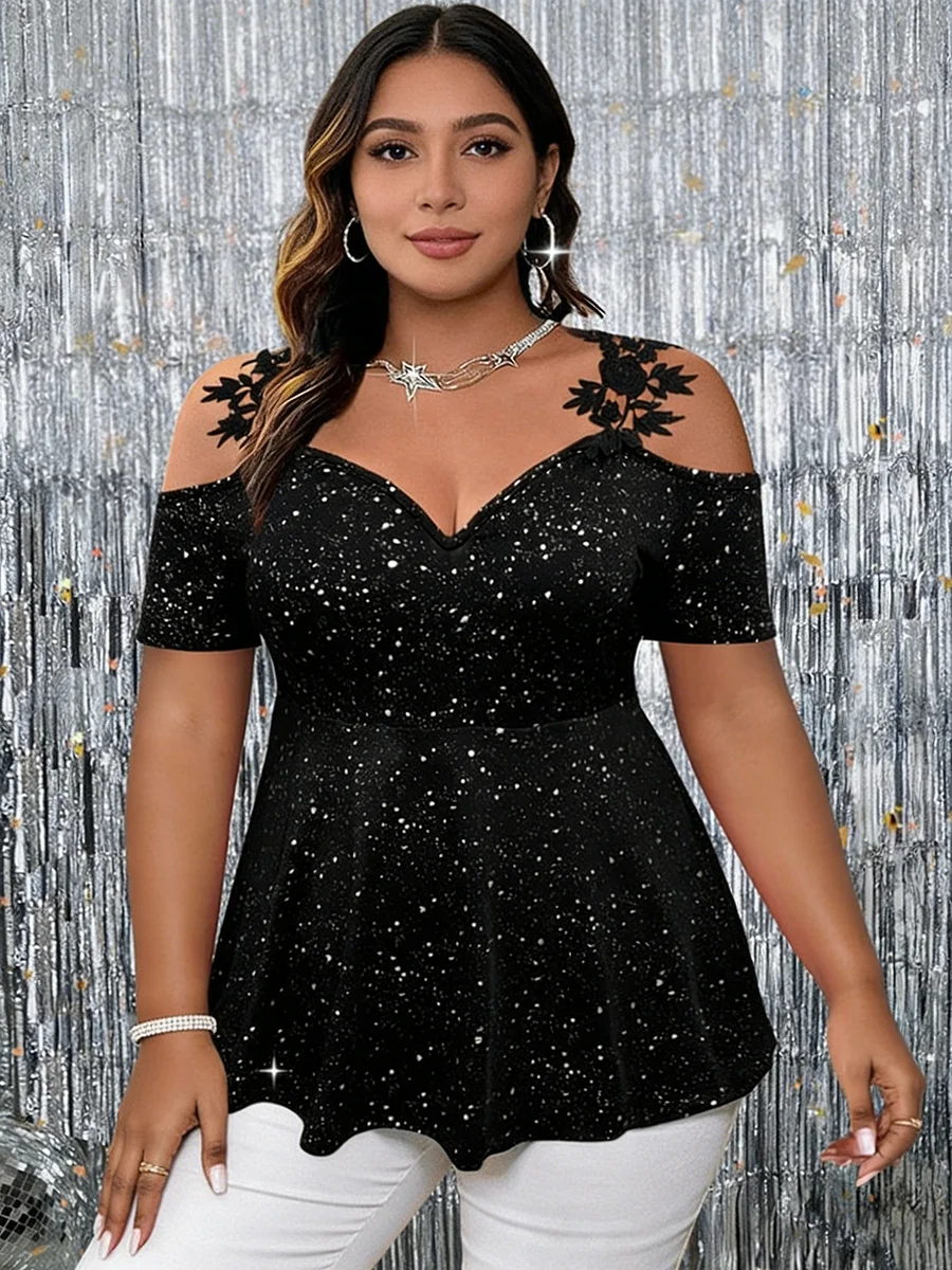 Plus Size Glitter Peplum Top Cold-Shoulder Stretchy Party Blouse Glam Evening Top