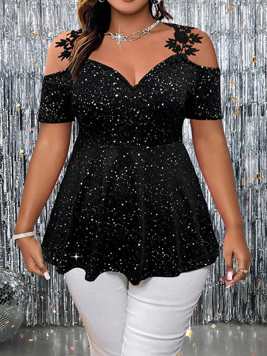 Plus Size Glitter Peplum Top Cold-Shoulder Stretchy Party Blouse Glam Evening Top