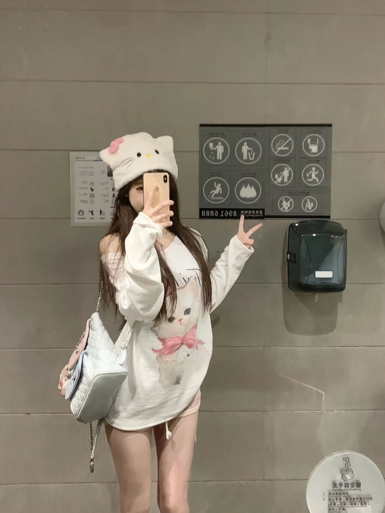 Cute Cat White Oversize Long Sleeve T Shirt Women Casual Off Shoulder Tops Spring Fall Basic Tees Korean Gentle Female