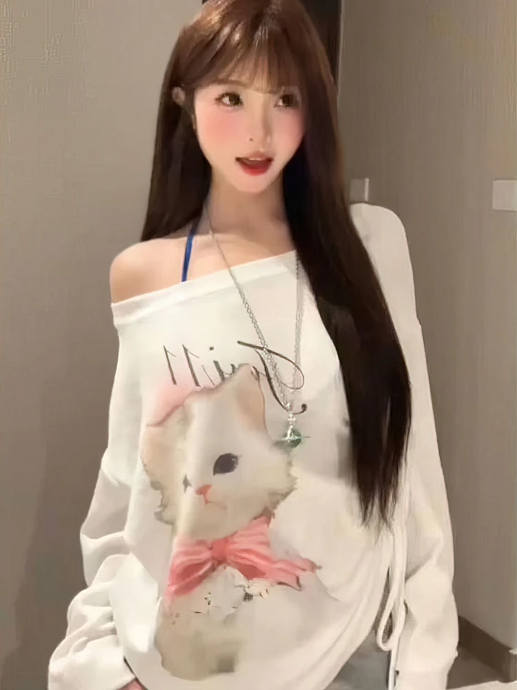 Cute Cat White Oversize Long Sleeve T Shirt Women Casual Off Shoulder Tops Spring Fall Basic Tees Korean Gentle Female