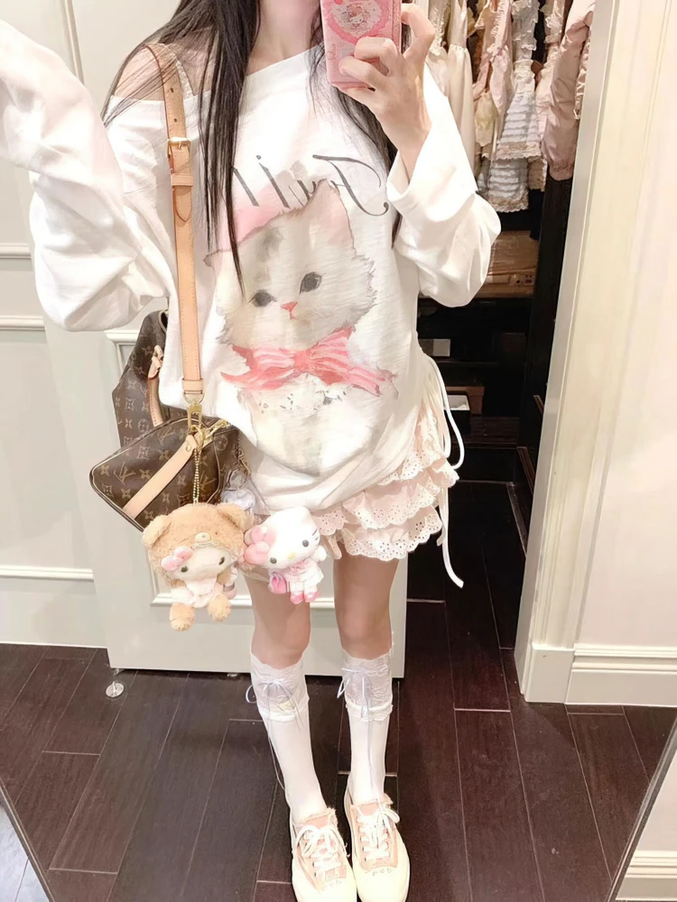 Cute Cat White Oversize Long Sleeve T Shirt Women Casual Off Shoulder Tops Spring Fall Basic Tees Korean Gentle Female