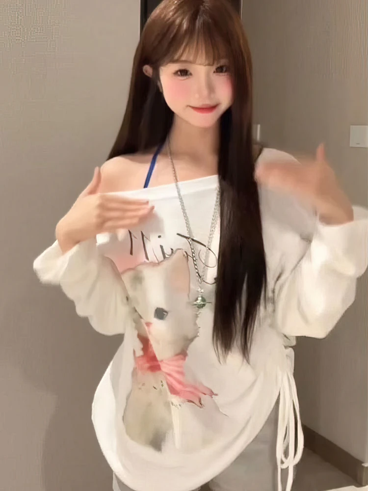 Cute Cat White Oversize Long Sleeve T Shirt Women Casual Off Shoulder Tops Spring Fall Basic Tees Korean Gentle Female