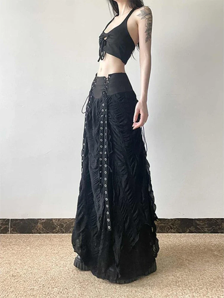 Y2k Vintage Temperament Lace Mesh Pleated Women Skirt High Waist Gothic Bow Slim Bandage A-line Long Skirts Chic Harajuku Faldas