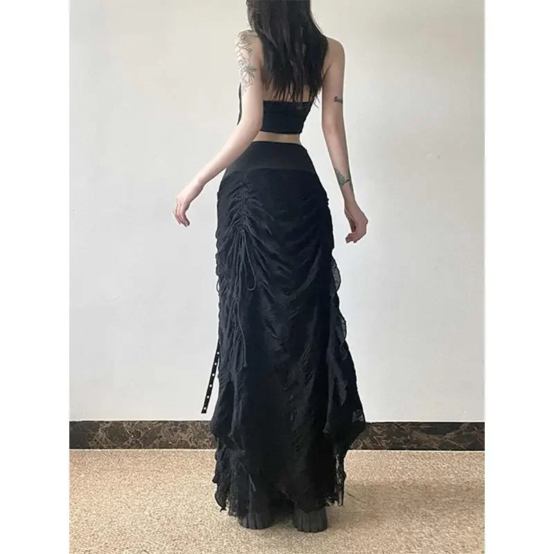 Y2k Vintage Temperament Lace Mesh Pleated Women Skirt High Waist Gothic Bow Slim Bandage A-line Long Skirts Chic Harajuku Faldas