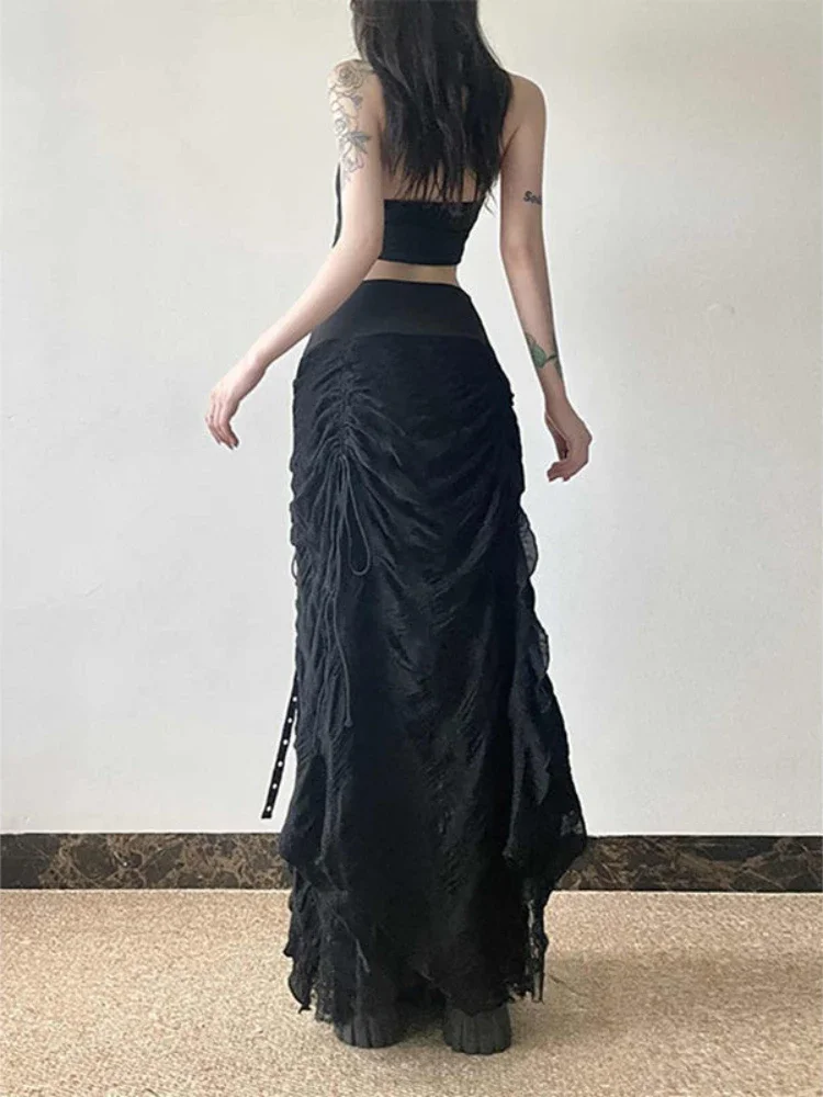 Y2k Vintage Temperament Lace Mesh Pleated Women Skirt High Waist Gothic Bow Slim Bandage A-line Long Skirts Chic Harajuku Faldas