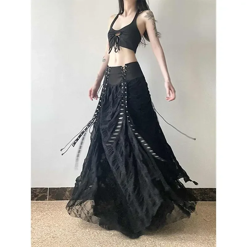 Y2k Vintage Temperament Lace Mesh Pleated Women Skirt High Waist Gothic Bow Slim Bandage A-line Long Skirts Chic Harajuku Faldas