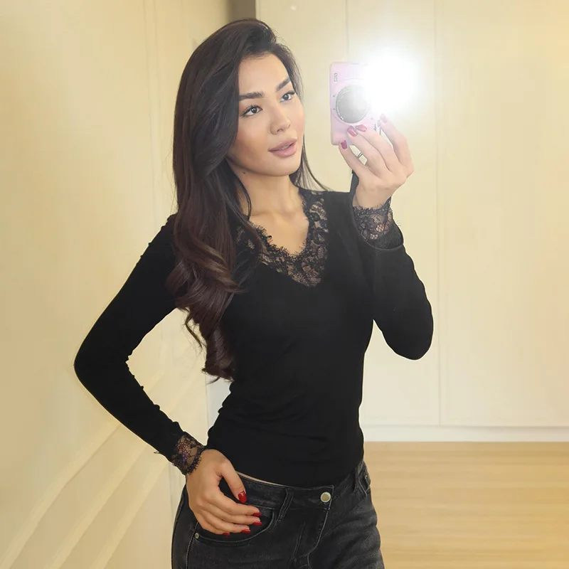 Tornova V neck Lace T shirt Top Women Sexy Navel Exposed Pullover Fashion Splice Hot Girl Club Party Top Autumn New Lady T shirt