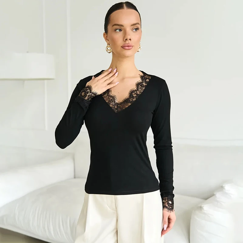 Tornova V neck Lace T shirt Top Women Sexy Navel Exposed Pullover Fashion Splice Hot Girl Club Party Top Autumn New Lady T shirt