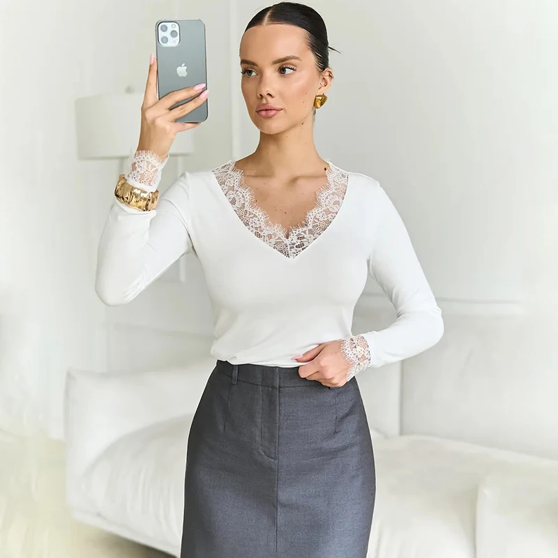 Tornova V neck Lace T shirt Top Women Sexy Navel Exposed Pullover Fashion Splice Hot Girl Club Party Top Autumn New Lady T shirt