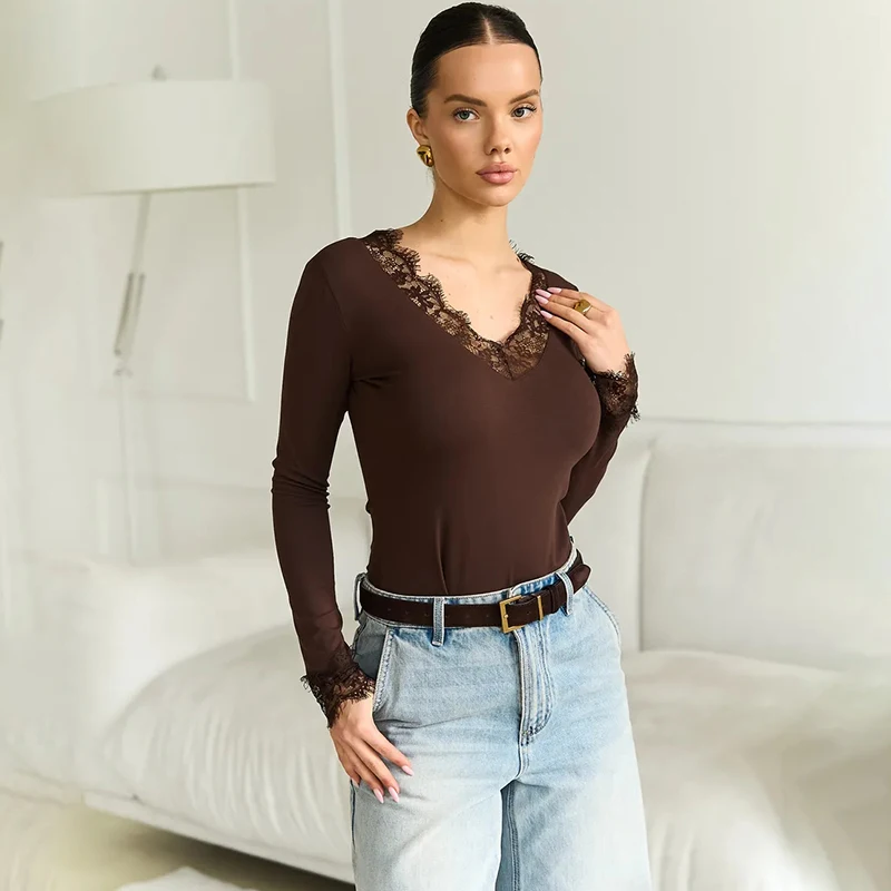 Tornova V neck Lace T shirt Top Women Sexy Navel Exposed Pullover Fashion Splice Hot Girl Club Party Top Autumn New Lady T shirt