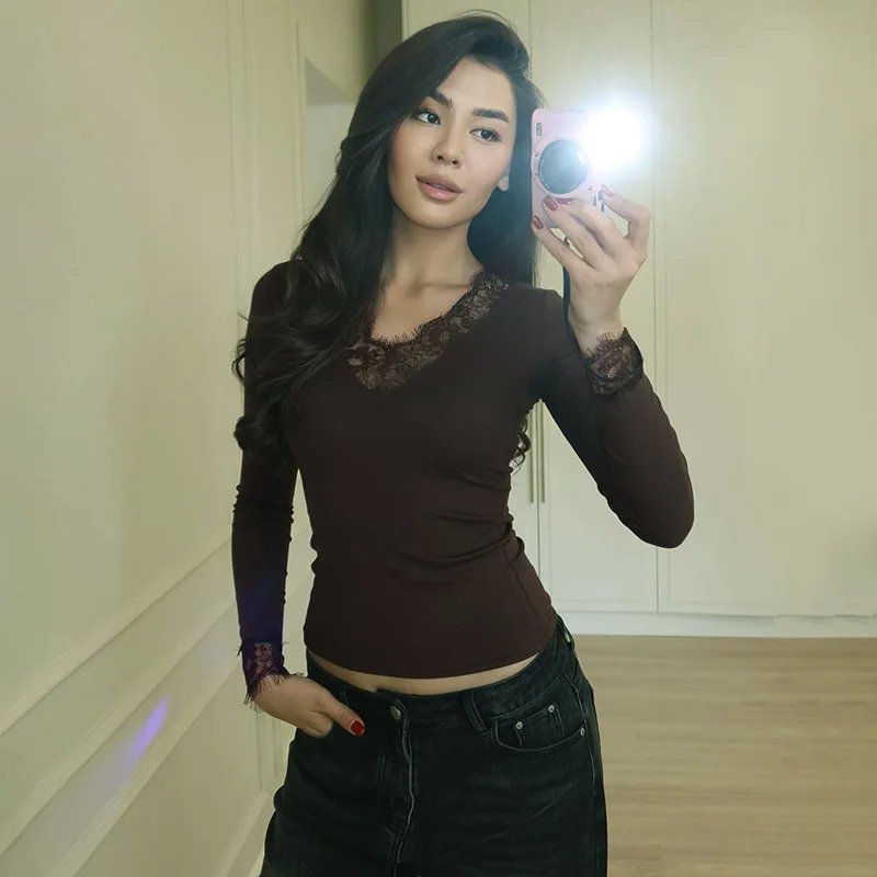 Tornova V neck Lace T shirt Top Women Sexy Navel Exposed Pullover Fashion Splice Hot Girl Club Party Top Autumn New Lady T shirt