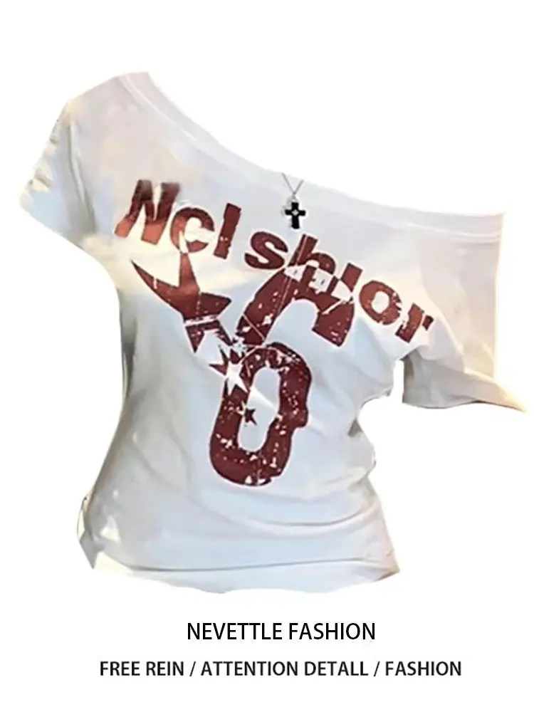 Summer Y2k Sport Off Shoulder Top Women Sexy Vintage 2000s Short Sleeve T Shirt Lady Body Basic Crop Top Female Casual