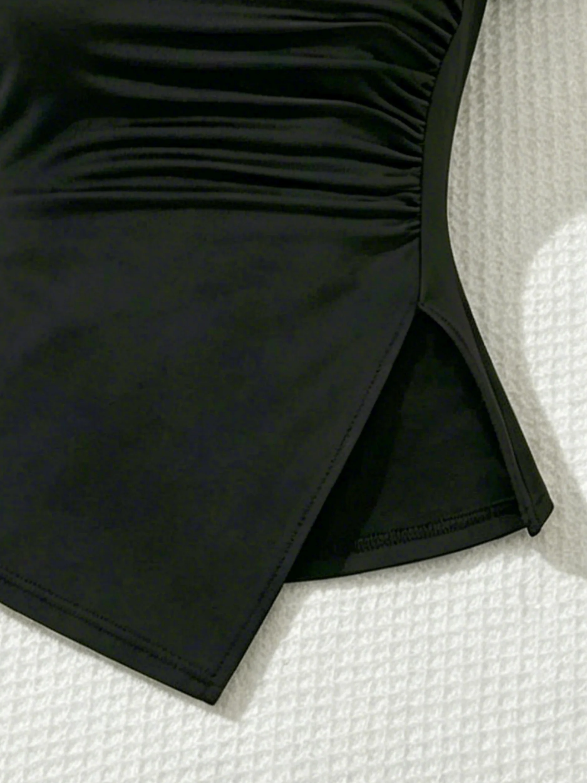 2 Pcs Women Crew Neck Side Ruched Split Hem Short Sleeve Tee High Waist Fold Over Side Drawstring Flared Pants Set Solid Black S