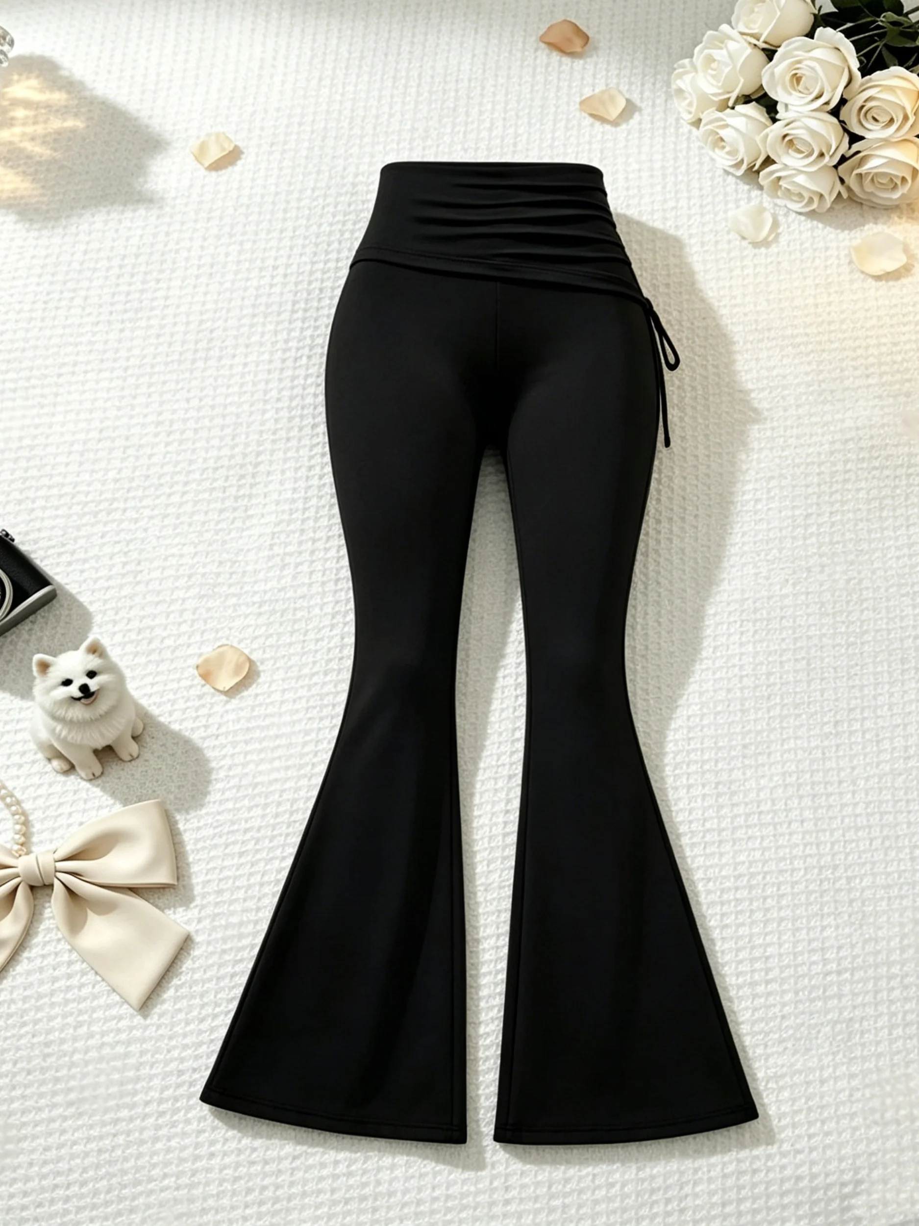 2 Pcs Women Crew Neck Side Ruched Split Hem Short Sleeve Tee High Waist Fold Over Side Drawstring Flared Pants Set Solid Black S