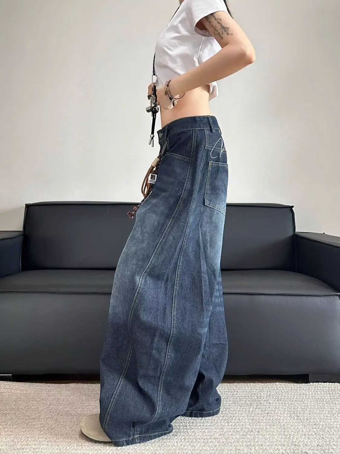 Stylish Chic Elegant Embroidered Patchwork Jeans Women Vintage Washed Draping Denim Straight Loose Fit Slimming Versatile Pants