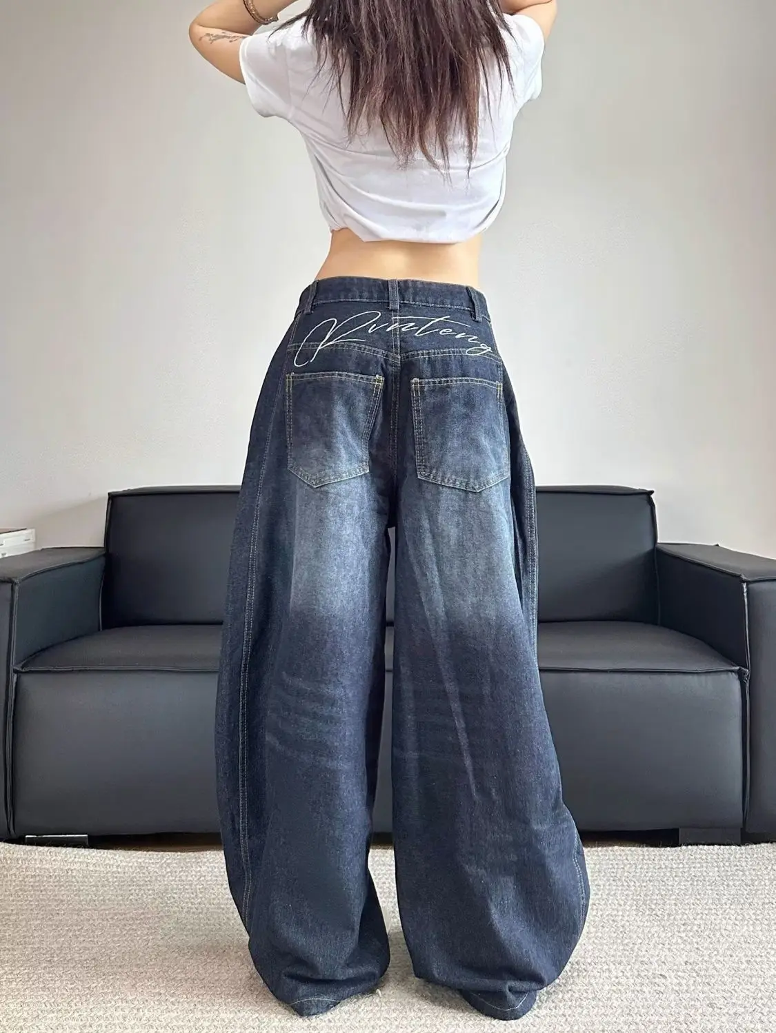 Stylish Chic Elegant Embroidered Patchwork Jeans Women Vintage Washed Draping Denim Straight Loose Fit Slimming Versatile Pants
