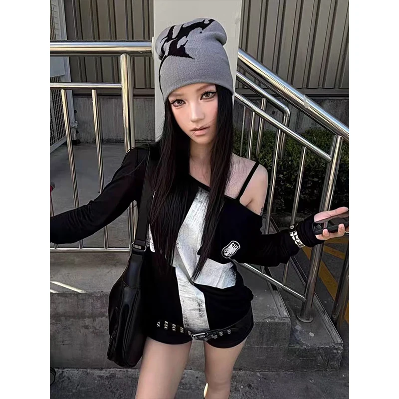 Seeslim Print Cross Graphic T Shirts Woman Long Sleeve Blck Goth Autumn Spring Tops Tees Female Clothing 2000s Clothes Y2k Chic