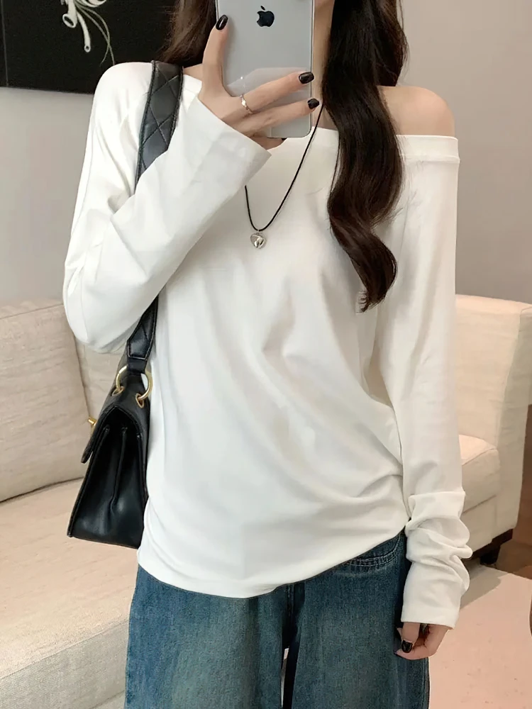 Oversize Off Shoulder Long Sleeve T Shirt Women Solid Color Casual Tops Lady Spring Autumn Basic Tees Korean Style Youth Blouses