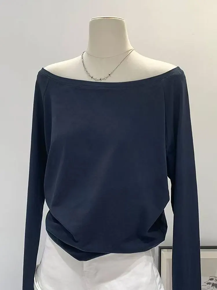 Oversize Off Shoulder Long Sleeve T Shirt Women Solid Color Casual Tops Lady Spring Autumn Basic Tees Korean Style Youth Blouses