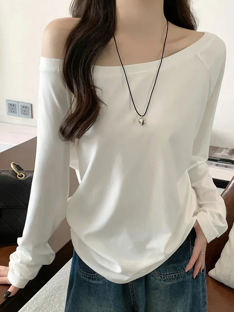 Oversize Off Shoulder Long Sleeve T Shirt Women Solid Color Casual Tops Lady Spring Autumn Basic Tees Korean Style Youth Blouses