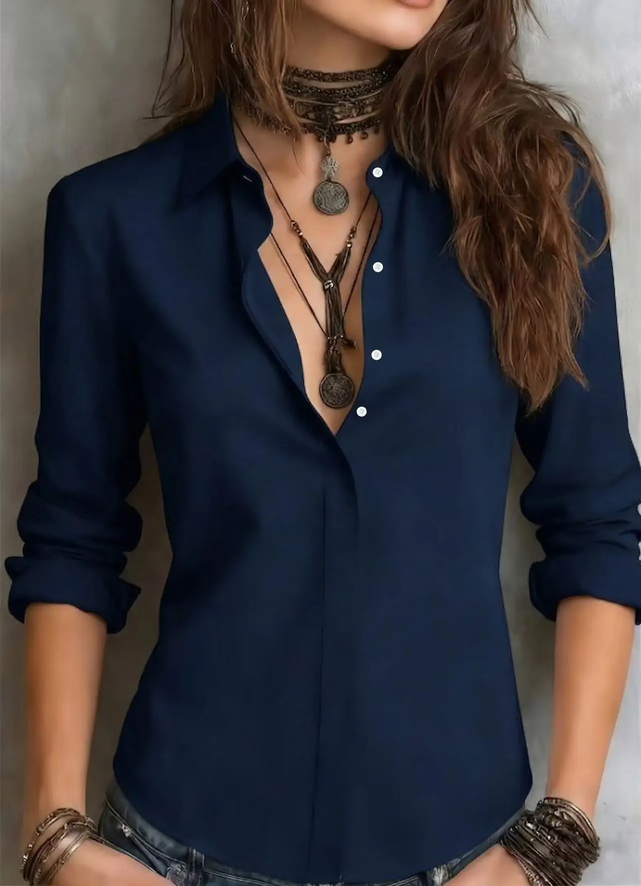 Women's Long Sleeve Lapel Hidden Placket Solid Color Professional Office Shirt