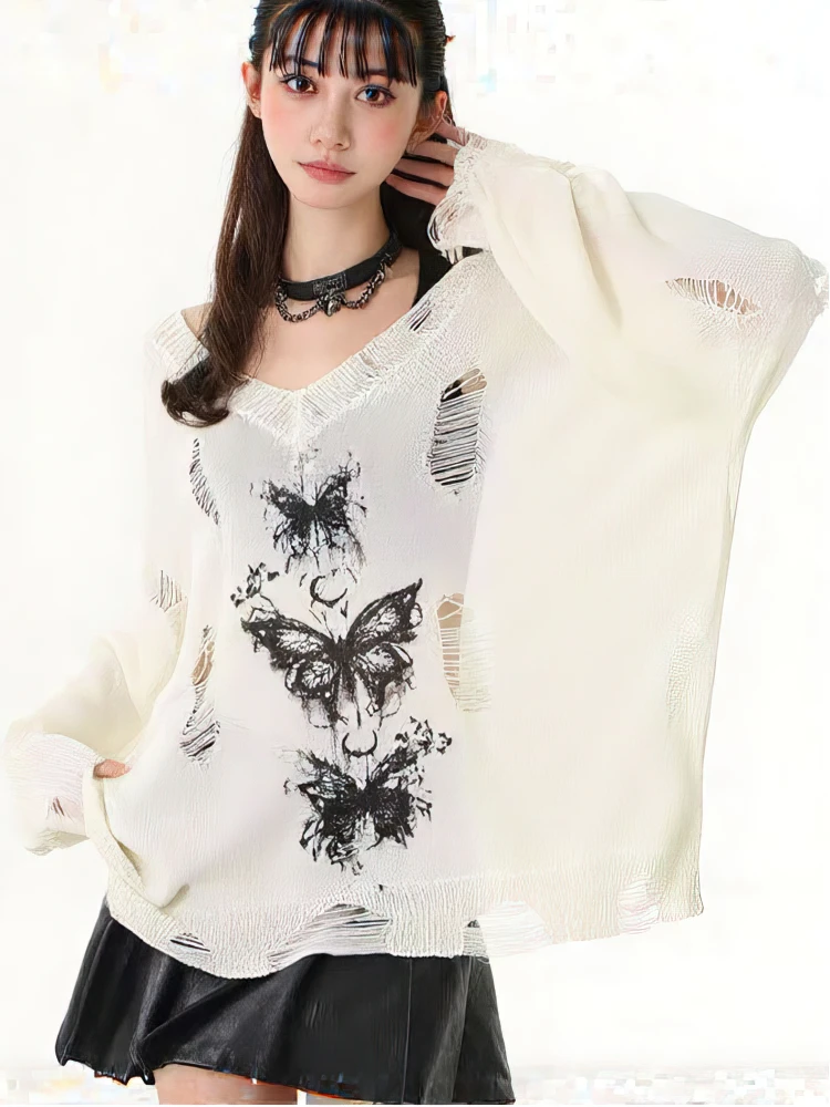 Y2k Hollow Out Knit Oversize T Shirt Women Long Sleeve Off Shoulder Top Sexy Basic Transparent Tees Baggy Vintage Ladies New