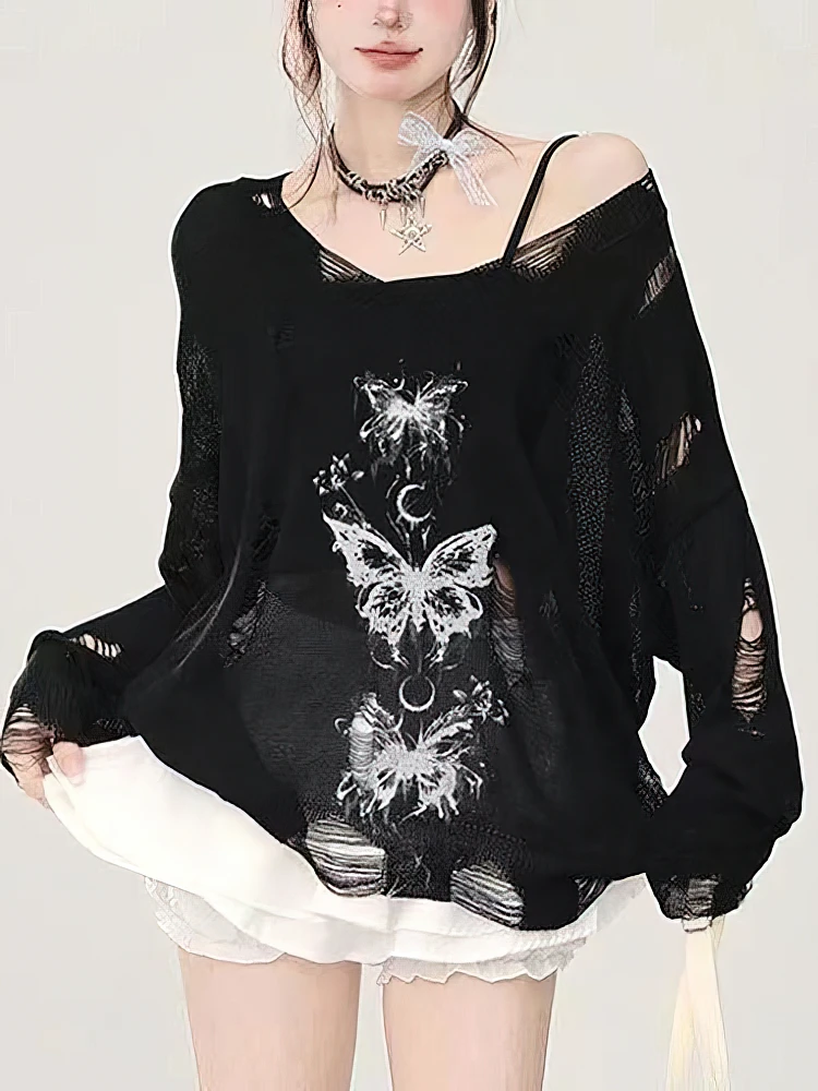 Y2k Hollow Out Knit Oversize T Shirt Women Long Sleeve Off Shoulder Top Sexy Basic Transparent Tees Baggy Vintage Ladies New