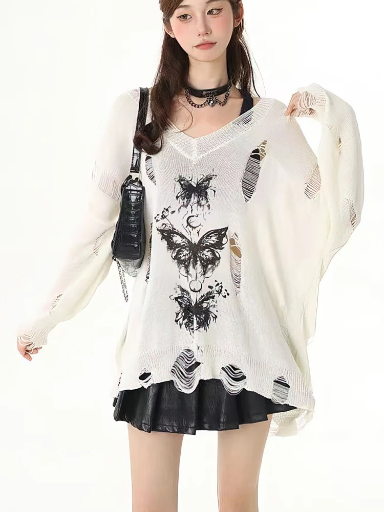 Y2k Hollow Out Knit Oversize T Shirt Women Long Sleeve Off Shoulder Top Sexy Basic Transparent Tees Baggy Vintage Ladies New