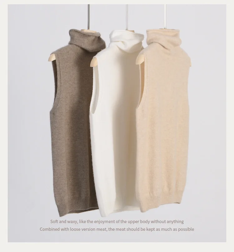 Elegant British Style 100%Wool Turtleneck Ladies Sweater Sleeveless Tank Tops 2026 Autumn Slim Soft And Warm Knitted Women Vests