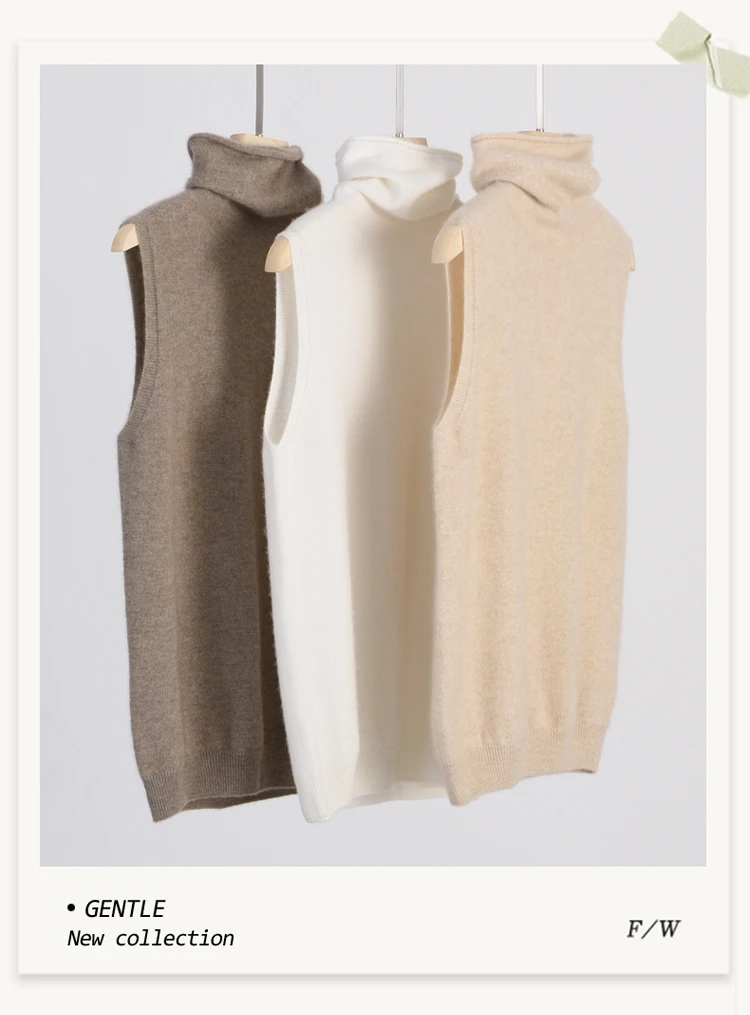 Elegant British Style 100%Wool Turtleneck Ladies Sweater Sleeveless Tank Tops 2026 Autumn Slim Soft And Warm Knitted Women Vests