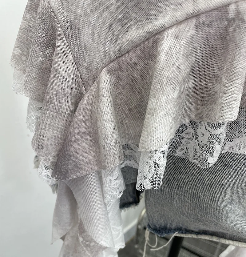 ISAROSE Summer Y2K Camisole for Women Casual Spaghetti Straps Double Layers Lace Stretch Mesh Patchwork Asymmetrical Slim Tops