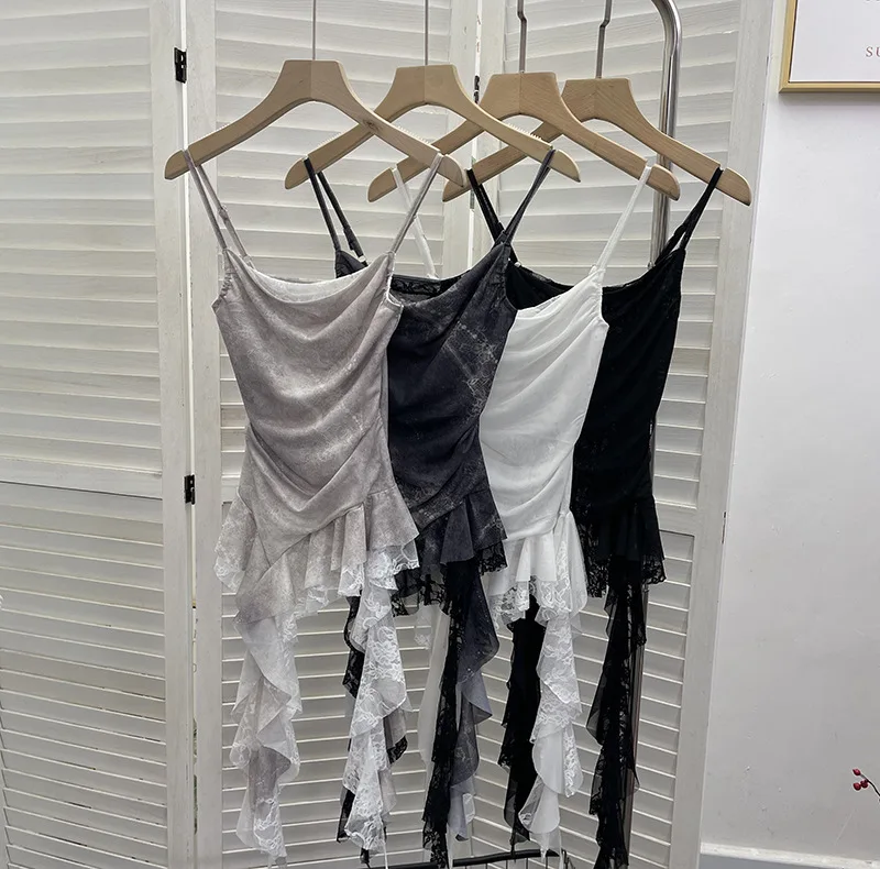 ISAROSE Summer Y2K Camisole for Women Casual Spaghetti Straps Double Layers Lace Stretch Mesh Patchwork Asymmetrical Slim Tops