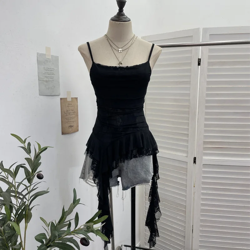 ISAROSE Summer Y2K Camisole for Women Casual Spaghetti Straps Double Layers Lace Stretch Mesh Patchwork Asymmetrical Slim Tops