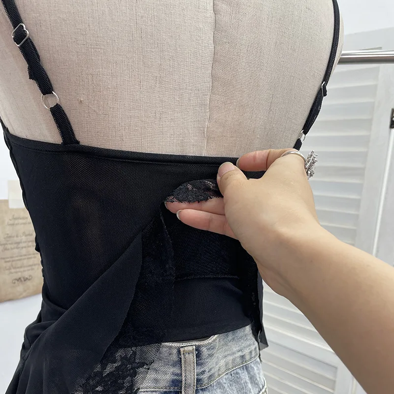 ISAROSE Summer Y2K Camisole for Women Casual Spaghetti Straps Double Layers Lace Stretch Mesh Patchwork Asymmetrical Slim Tops