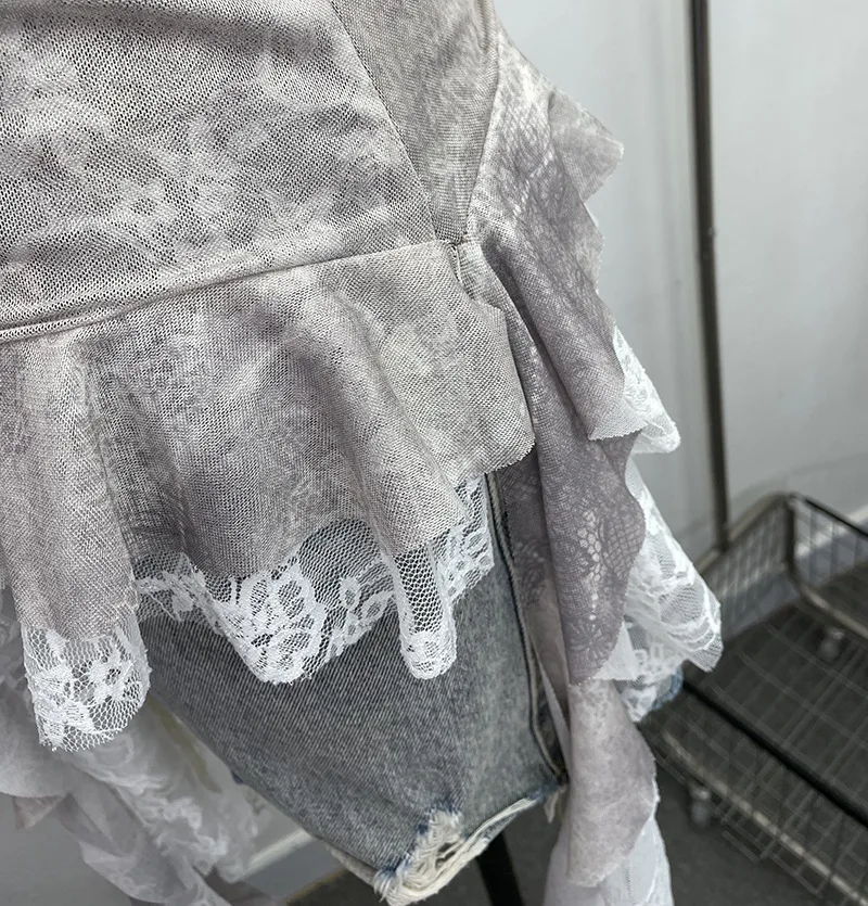 ISAROSE Summer Y2K Camisole for Women Casual Spaghetti Straps Double Layers Lace Stretch Mesh Patchwork Asymmetrical Slim Tops